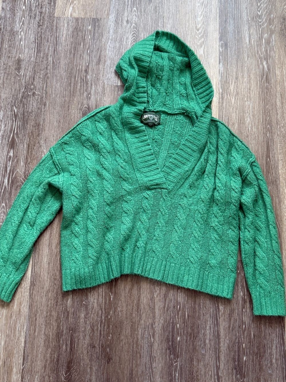American Eagle Green Cable-Knit Hooded Sweater